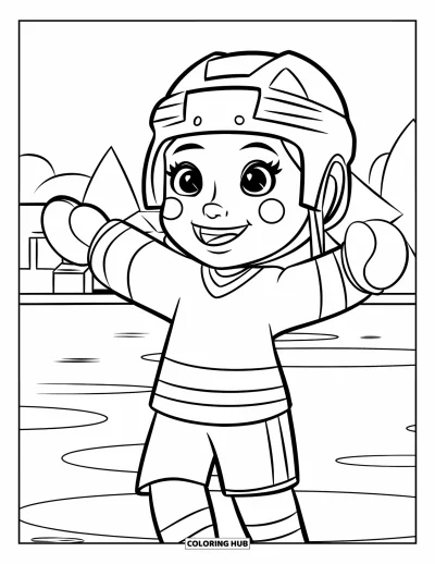 Coloriage de hockey pour enfants : Une fille célèbre un but sur un lac gelé près d'arbres et d'un bâtiment