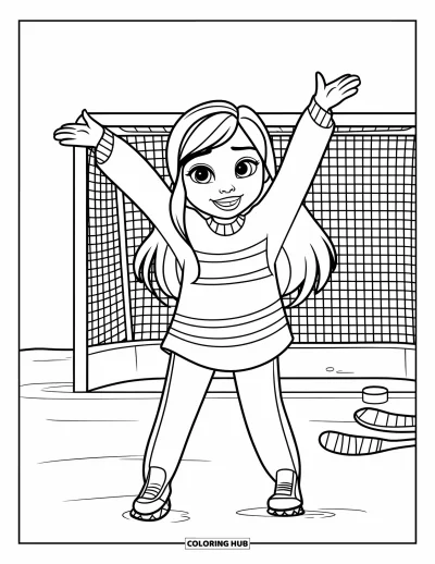 Coloriage de hockey pour enfants : Une fille encourage sur un terrain enneigé avec des crosses et un but derrière elle