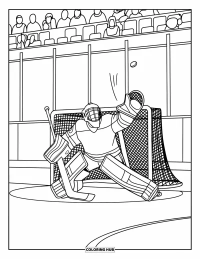 Coloriage de hockey pour enfants : Un gardien bloque une rondelle en plein vol avec une foule enthousiaste derrière la patinoire