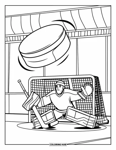 Coloriage de hockey pour enfants : Un gardien saute pour arrêter une rondelle en vol pendant que le but l'attend derrière lui