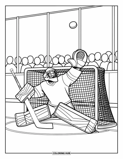 Coloriage de hockey pour enfants : Un gardien attrape une rondelle haute sur la patinoire pendant que les fans encouragent en arrière-plan