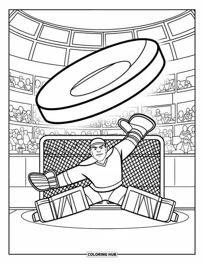 Coloriage de hockey pour enfants : Un gardien s'étire haut pour bloquer une rondelle en vol pendant que la foule observe depuis les tribunes