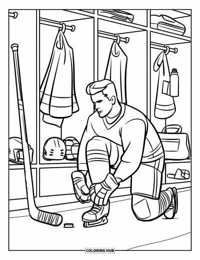 Coloriage de hockey pour enfants : Un gardien lace ses chaussures à côté d'un casier et d'équipements dispersés dans la salle
