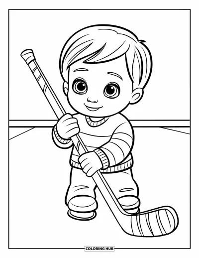 Coloriage de hockey pour enfants : Un enfant heureux tient une grande crosse entre ses pieds sur une patinoire tranquille