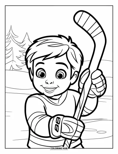 Coloriage de hockey pour enfants : Un enfant joyeux agite une crosse de hockey près d'arbres et d'un sol enneigé