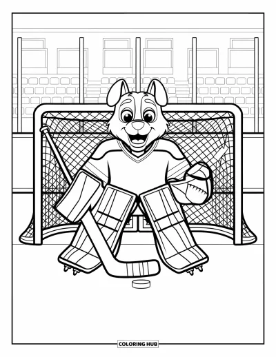 Coloriage de hockey pour enfants : Un chien heureux gardien de but protège le filet avec de l'équipement à proximité et des tribunes derrière lui