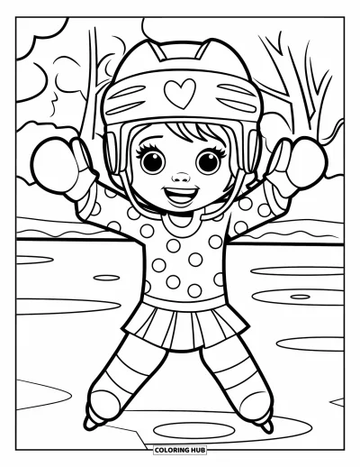 Coloriage de hockey pour enfants : Une fille heureuse lève les bras sur un étang gelé entouré d'arbres