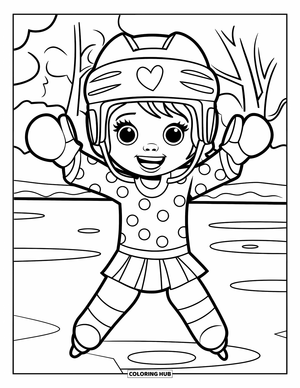 Hockey Coloring Page for Kids: A happy girl raises her arms on a frozen pond surrounded by trees
