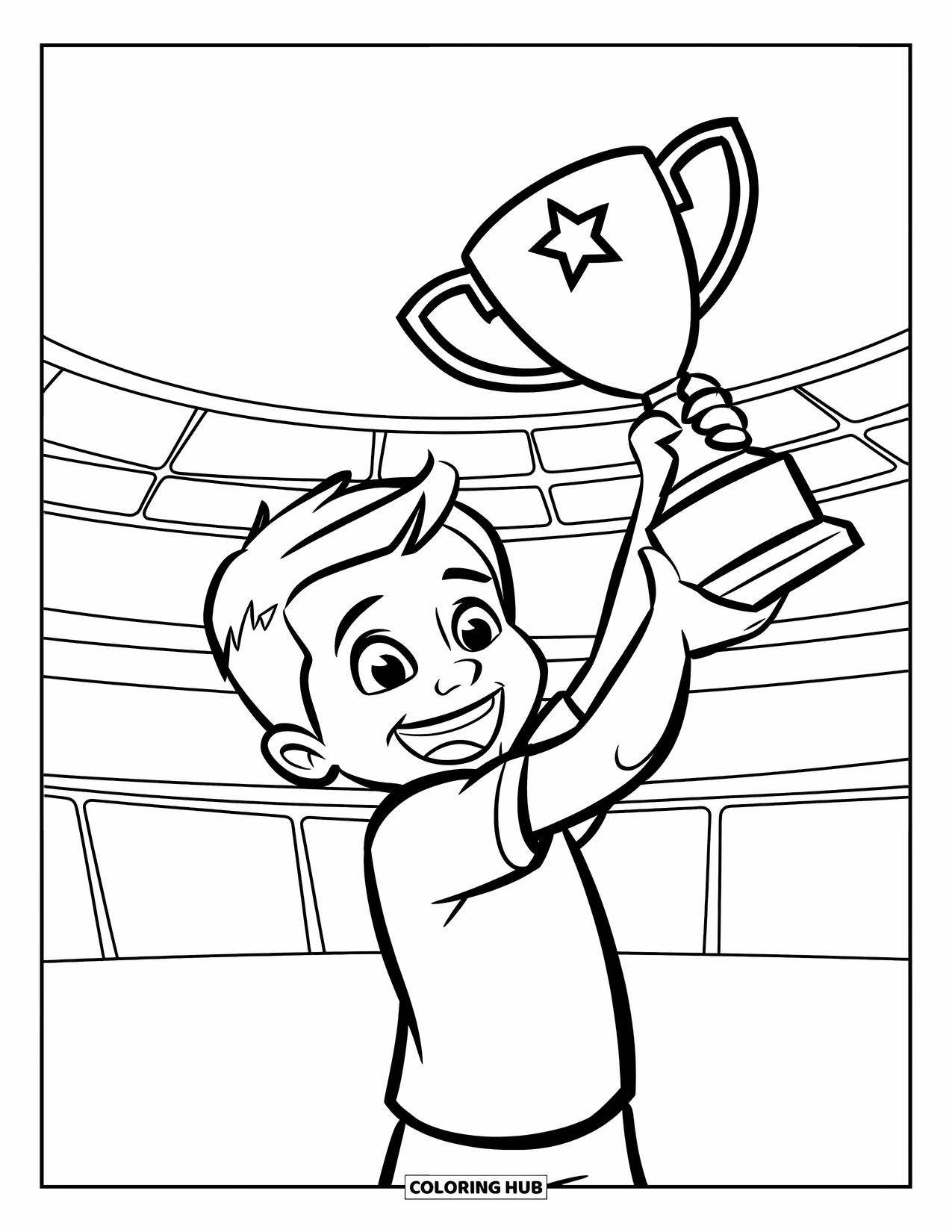 Hockey Coloring Page for Kids: A happy kid holds up a trophy in a stadium filled with curved lines