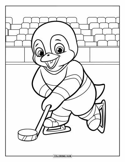 Coloriage de hockey pour enfants : Un pingouin heureux glisse sur la glace avec une rondelle et un grand sourire