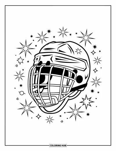 Coloriage de hockey pour enfants : Un casque brille avec des étincelles et des étoiles flottant tout autour