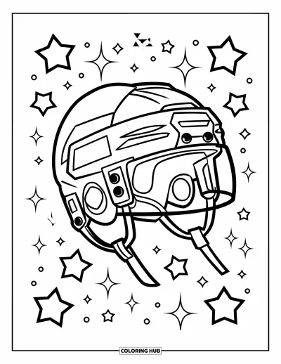 Coloriage de hockey pour enfants : Un casque repose entouré d'étoiles et d'étincelles dans un design amusant