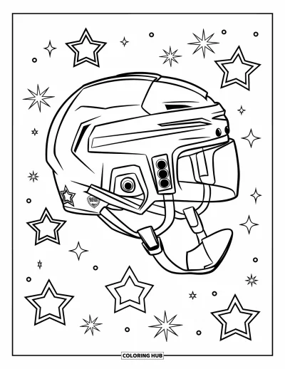 Coloriage de hockey pour enfants : Un casque brille avec des étoiles tombant doucement dans le ciel autour de lui