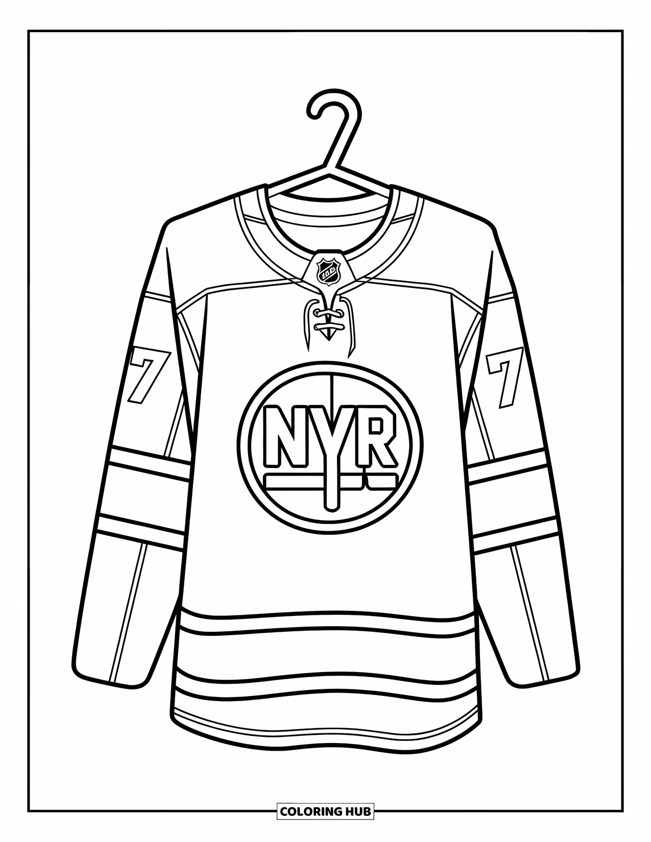 Hockey Coloring Page for Kids: A hockey jersey with “NYR” and number 7 hangs from a hook