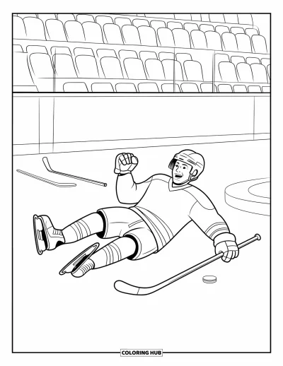 Coloriage de hockey pour enfants : Un joueur de hockey célèbre un but en glissant près de crosses, d'une rondelle et des tribunes