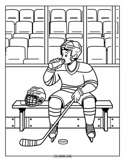 Coloriage de hockey pour enfants : Un joueur de hockey se repose près d'un casque, d'une crosse et d'une rondelle au bord des sièges de l'arène