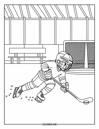 Coloriage de hockey pour enfants : Un joueur de hockey glisse sur la glace avec une crosse près de bancs et d'un poteau de but