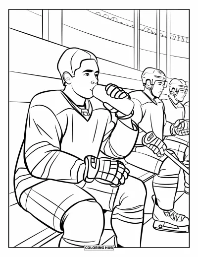 Coloriage de hockey pour enfants : Un joueur de hockey fait une pause sur le banc et sirote de l'eau pendant le match