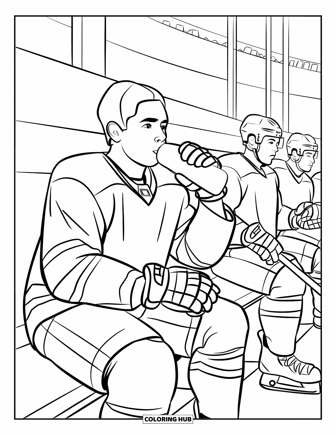 Hockey Coloring Page for Kids: A hockey player takes a break on the bench, sipping water during the game