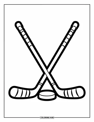 Coloriage de hockey pour enfants : Une crosse de hockey est dressée avec une rondelle au milieu sur une surface propre