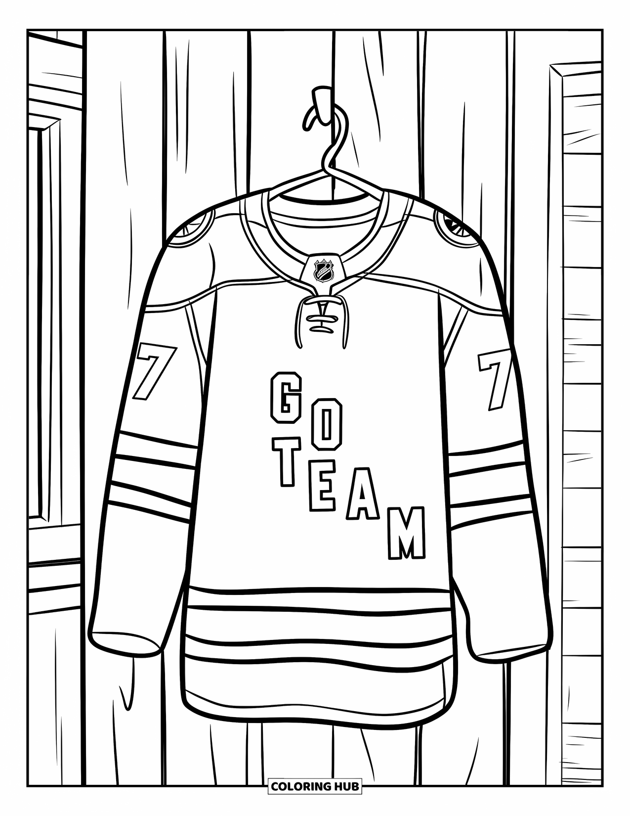 Hockey Coloring Page for Kids: A jersey with “Go Team” and number 7 hangs on a wooden wall near a window