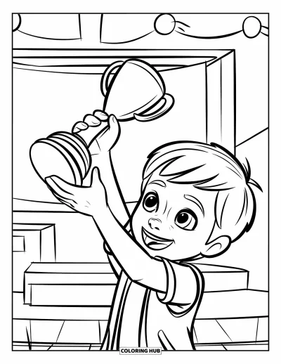 Coloriage de hockey pour enfants : Un enfant soulève un mini trophée avec joie près d'un podium et d'une banderole