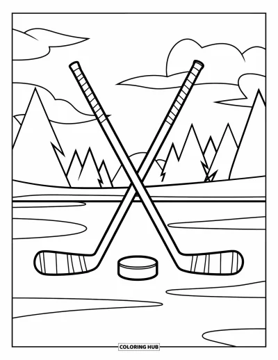 Coloriage de hockey pour enfants : Une grande crosse de hockey et une rondelle reposent sur un terrain enneigé avec des arbres et des nuages