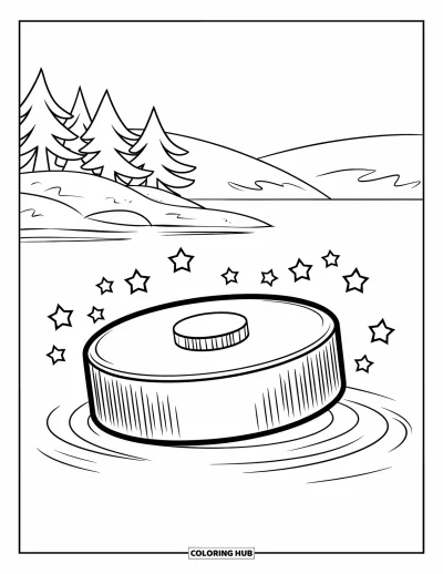 Coloriage de hockey pour enfants : Une grande rondelle repose sur un lac gelé avec des étoiles au-dessus et des arbres sur le rivage