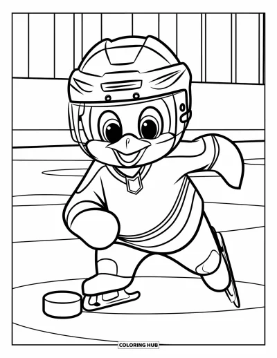 Coloriage de hockey pour enfants : Un pingouin en maillot et casque patine sur la patinoire avec une rondelle à proximité