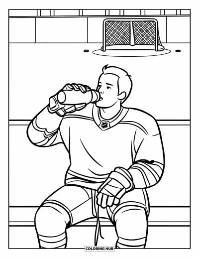 Coloriage de hockey pour enfants : Un joueur boit de l'eau sur le banc près d'un filet et d'une patinoire tranquille