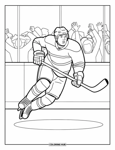 Coloriage de hockey pour enfants : Un joueur décolle de la glace en célébration pendant que la foule encourage en arrière-plan