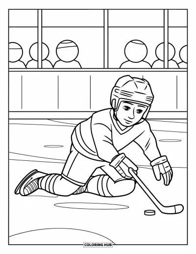 Coloriage de hockey pour enfants : Un joueur glisse sur la glace en visant à tirer près des lignes bleues