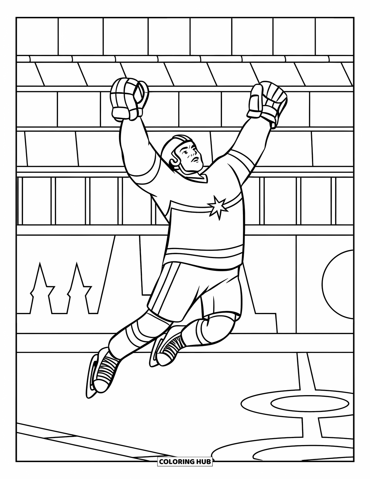 Hockey Coloring Page for Kids: A player soars mid-air after scoring, arms raised and rink lines beneath him