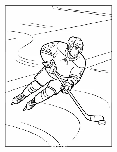 Coloriage de hockey pour enfants : Un joueur portant le numéro 9 glisse vers la rondelle près des lignes marquées sur la glace