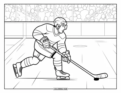 Coloriage de hockey pour enfants : Un joueur se prépare pour un tir frappé pendant que la foule remplit le stade