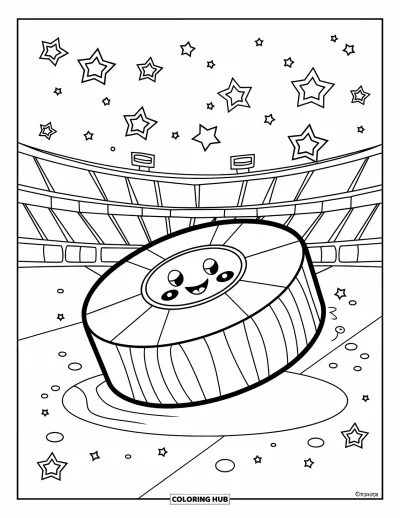 Coloriage de hockey pour enfants : Une rondelle repose sur la glace brillante pendant que des étoiles souriantes flottent près des sièges du stade