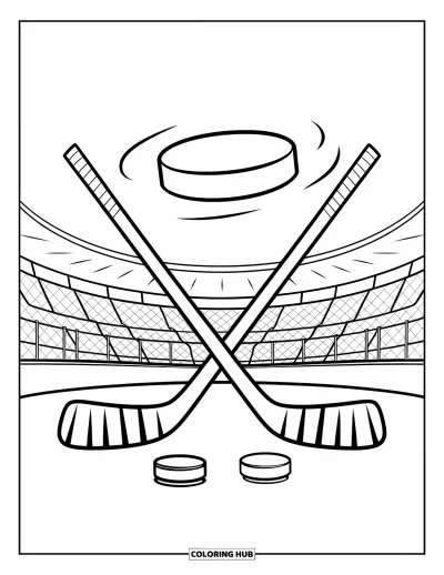 Coloriage de hockey pour enfants : Une rondelle vole au-dessus de crosses croisées avec des sièges de stade en arrière-plan