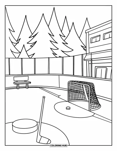 Coloriage de hockey pour enfants : Une rondelle, une crosse et un but reposent sur une patinoire avec des bancs et des arbres en arrière-plan