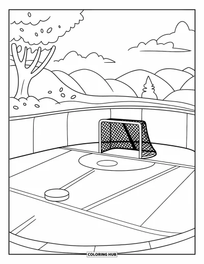 Coloriage de hockey pour enfants : Une rondelle, une crosse et un but reposent sur une patinoire enneigée avec des montagnes et des nuages au loin