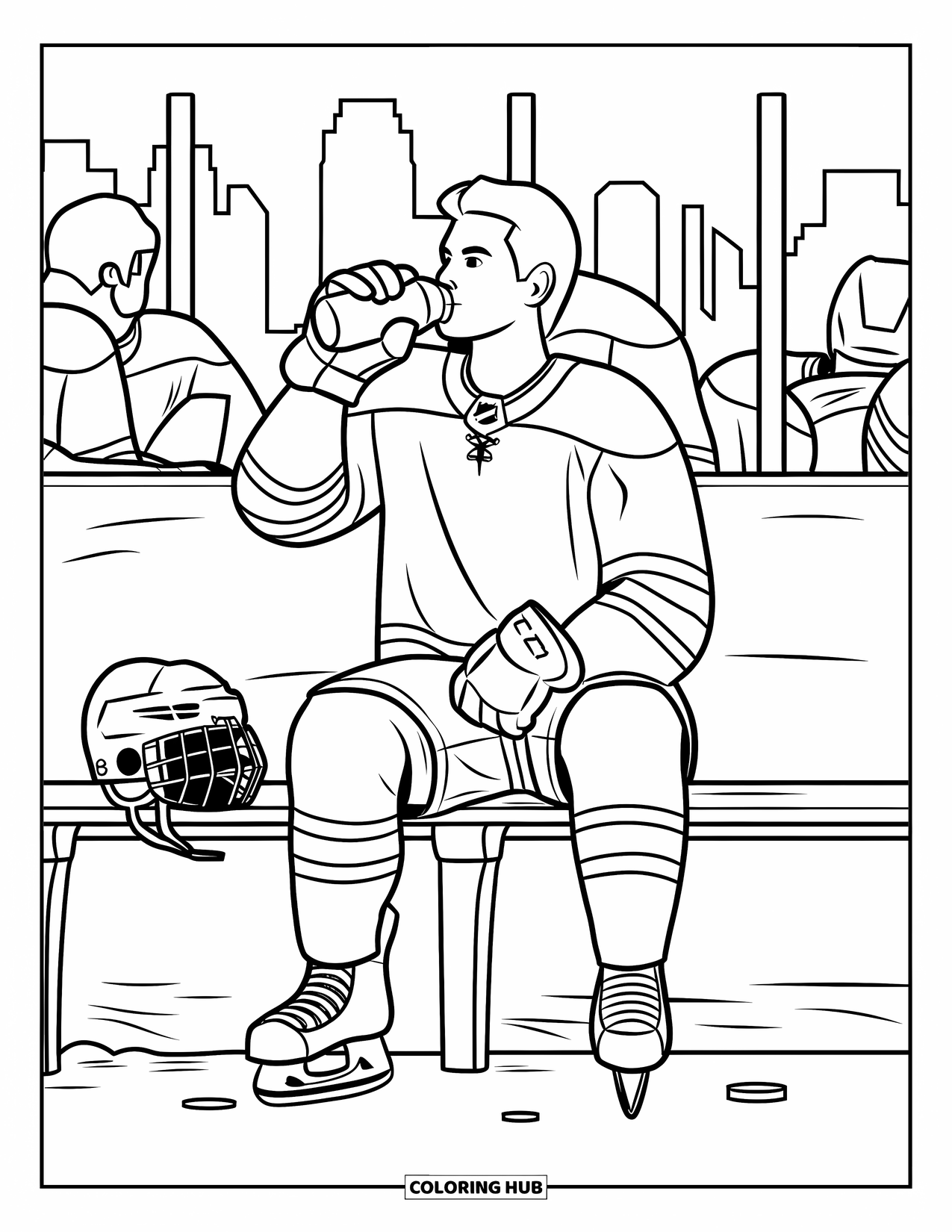 Hockey Coloring Page for Kids: A resting hockey player drinks water with teammates and a city skyline behind