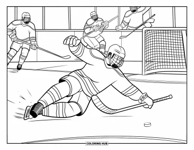 Coloriage de hockey pour enfants : Un joueur en glissade bloque un tir avec ses coéquipiers et le but derrière eux