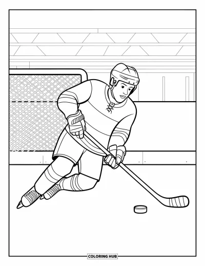 Coloriage de hockey pour enfants : Un joueur en glissade se prépare à tirer près du but et des sièges du stade