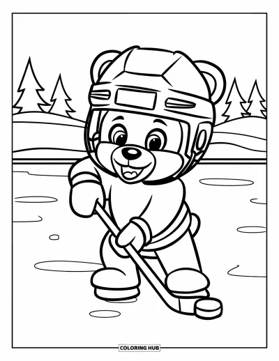 Coloriage de hockey pour enfants : Un ours souriant en casque tient une crosse sur un terrain enneigé avec des arbres derrière lui