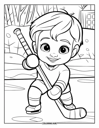 Coloriage de hockey pour enfants : Un enfant souriant tient une énorme crosse de hockey dans un décor enneigé avec des arbres et un bâtiment