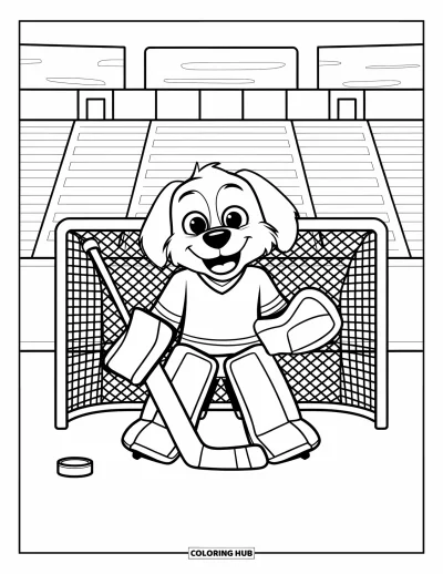 Coloriage de hockey pour enfants : Un chien souriant en tenue de gardien de but se tient près du filet dans un stade plein de supporters