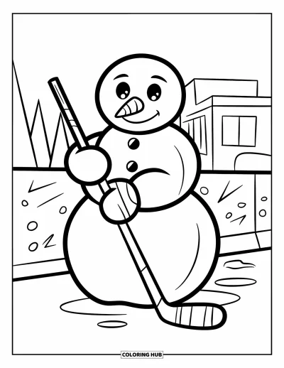 Coloriage de hockey pour enfants : Un bonhomme de neige souriant avec une crosse se tient sur la glace près d'arbres et d'un petit bâtiment