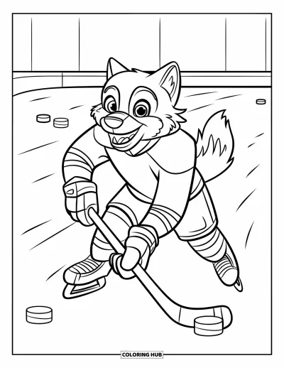 Coloriage de hockey pour enfants : Un loup souriant patine vers l'avant en tenue complète sur un terrain enneigé près d'une patinoire