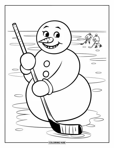 Coloriage de hockey pour enfants : Un bonhomme de neige se tient sur un lac avec une crosse de hockey pendant que des joueurs patinent derrière lui