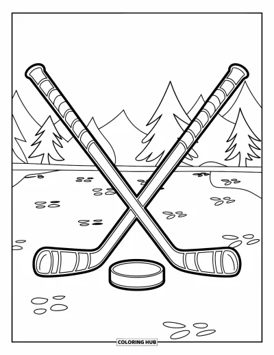 Coloriage de hockey pour enfants : Une crosse et une rondelle sont posées sur la neige avec des empreintes de pas et des arbres en arrière-plan