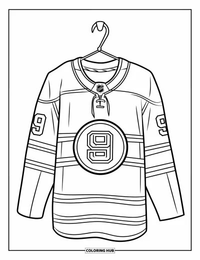 Coloriage de hockey pour enfants : Un maillot rayé avec le numéro 9 est accroché soigneusement à un crochet sur un mur propre